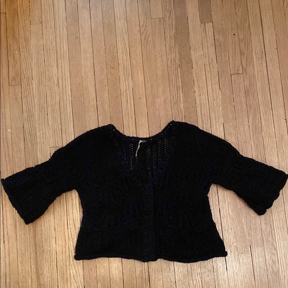 Free People Whimsigoth Black Knit Cardigan with Cropped Length